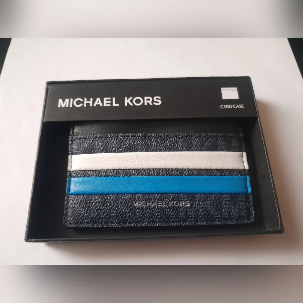 New Michael Kors Men's Card Case In Multi Blue ColorBlock NWT In Gift Box